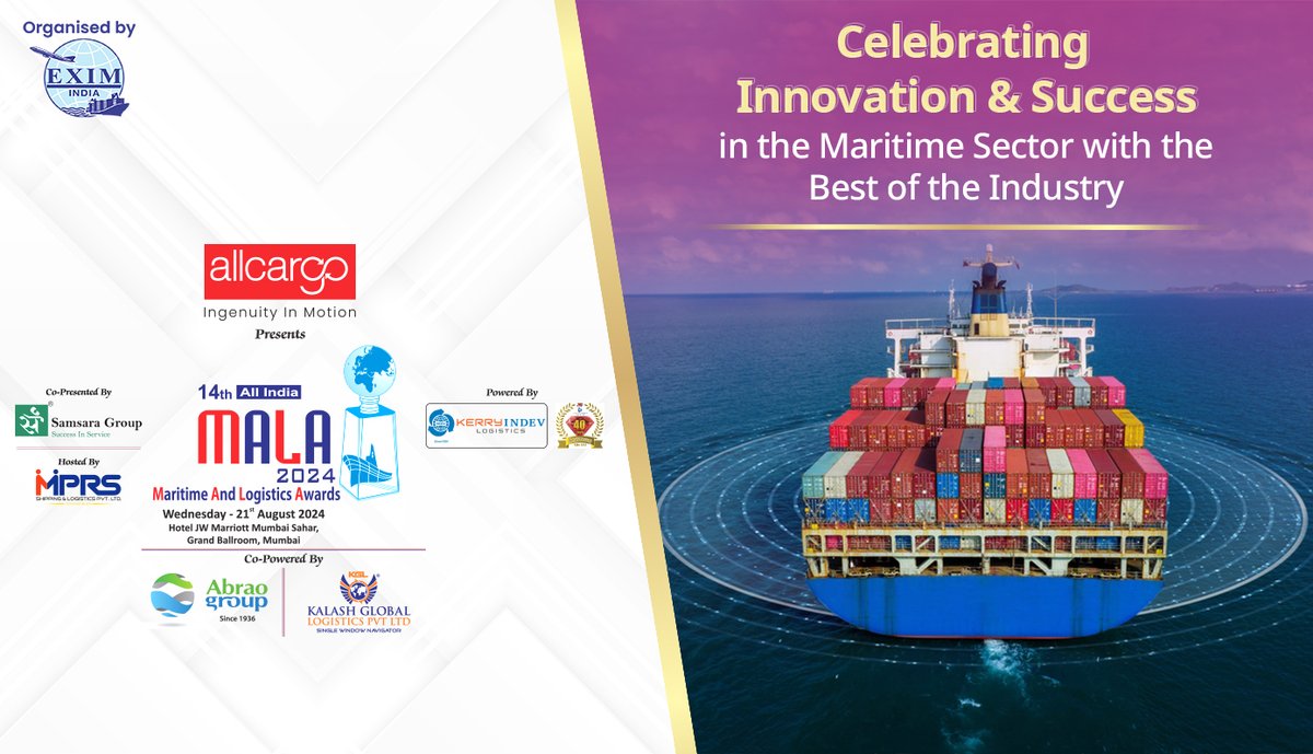 Exim_India's tweet image. Date: 21st August, 2024

Venue: Hotel JW Marriot Mumbai Sahar, Grand Ballroom, Mumbai

Join us - bit.ly/3LrTqQ9

#EximIndia #MALA2024 #MaritimeAwards #LogisticsAwards #IndustryExcellence #Innovation