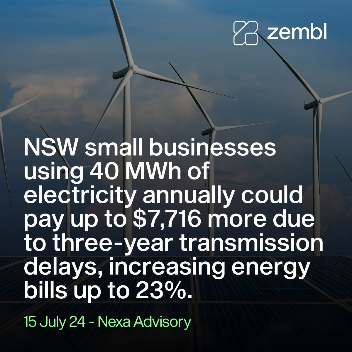 zemblau's tweet photo. Due to three-year transmission delays, small businesses using 40MWh annually could face up to $7,716 more in energy costs. That's a potential 23% increase compared to if transmission upgrades were on time.

Source: Nexa Advisory Report, July 2024 https://t.co/e7LOTqgSWC https://t.co/wTGFLxYJTL
