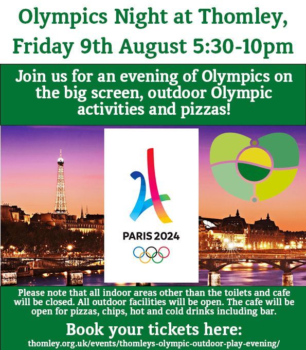 * Join us to watch a night at the Paris Olympics on the big screen! *

There will be Olympic activities, the cafe will be open to buy fresh pizzas, chips and hot / cold drinks (including bar). 

Open from 5:30pm-10pm. £5 for children to attend

Book here: buff.ly/3W7VfXd