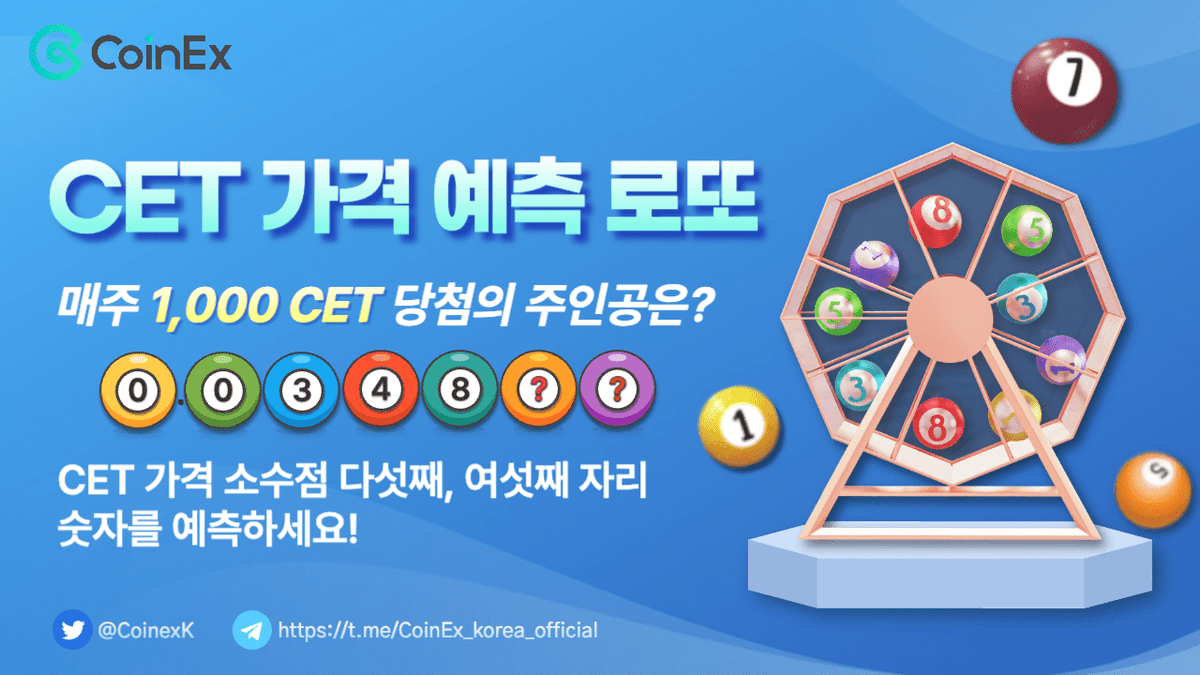🎁CET 가격 예측 로또 이벤트🎱

CET 가격 소수점 다섯째, 여섯째 자리 숫자 예상 적중하고
총 1,000 CET 당첨금의 주인공이 되어보세요!🤑

💰당첨금: 총 1,000 CET

🔽 참여 방법 🔽
1️⃣ 리트윗 + 좋아요 + #CET로또
2️⃣ 예측한 CET 가격 소수점 다섯째, 여섯째 자리 답글 작성
3️⃣ <a href="/CoinexK/">코인엑스 CoinEx Korea</a> 팔로우 &amp;