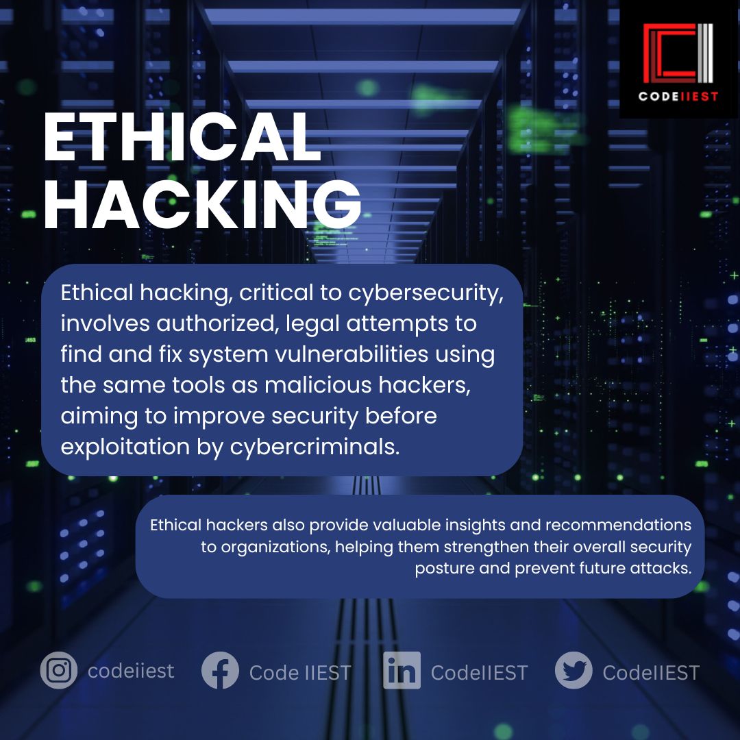 CodeIIEST's tweet image. Tech Friday&apos;s:
Ethical Hacking is critical component of cybersecurity, aimed at identifying and mitigating vulnerabilities in computer systems and networks.
Involves authorized attempts to bypass system security to identify potential threats and vulnerabilities.