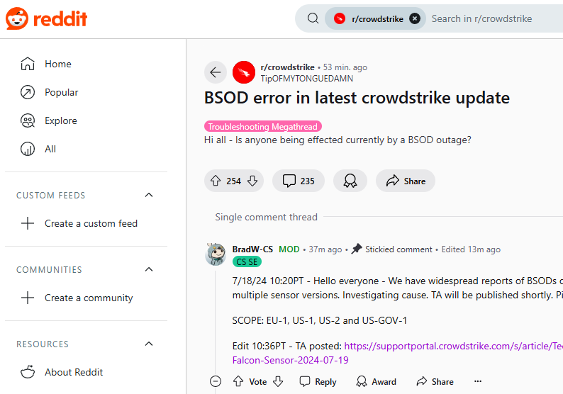 madonomori's tweet photo. 世界規模でWindowsデバイスが次々とブルースクリーン（BSoD）に！ 大規模障害発生中／「CrowdStrike Falcon Sensor」に含まれるドライバーが原因か https://t.co/NYshQub0sU https://t.co/NPQBBYdUqc