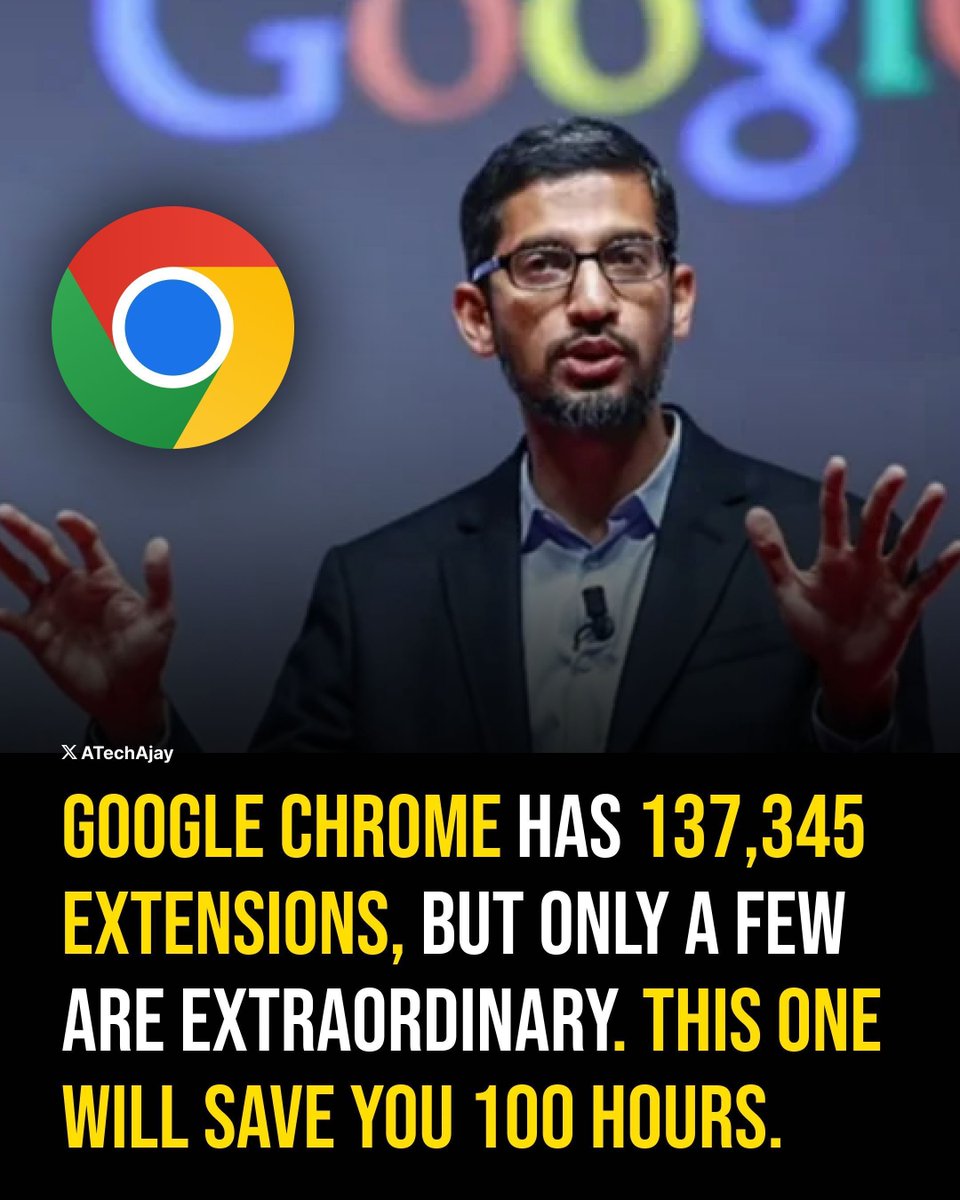 ATechAjay's tweet photo. Google Chrome has 137,345 extensions, but only a few are extraordinary. 

This one will save you 100 hours.

[Bookmark instantly🔖] https://t.co/6naDXANYuo