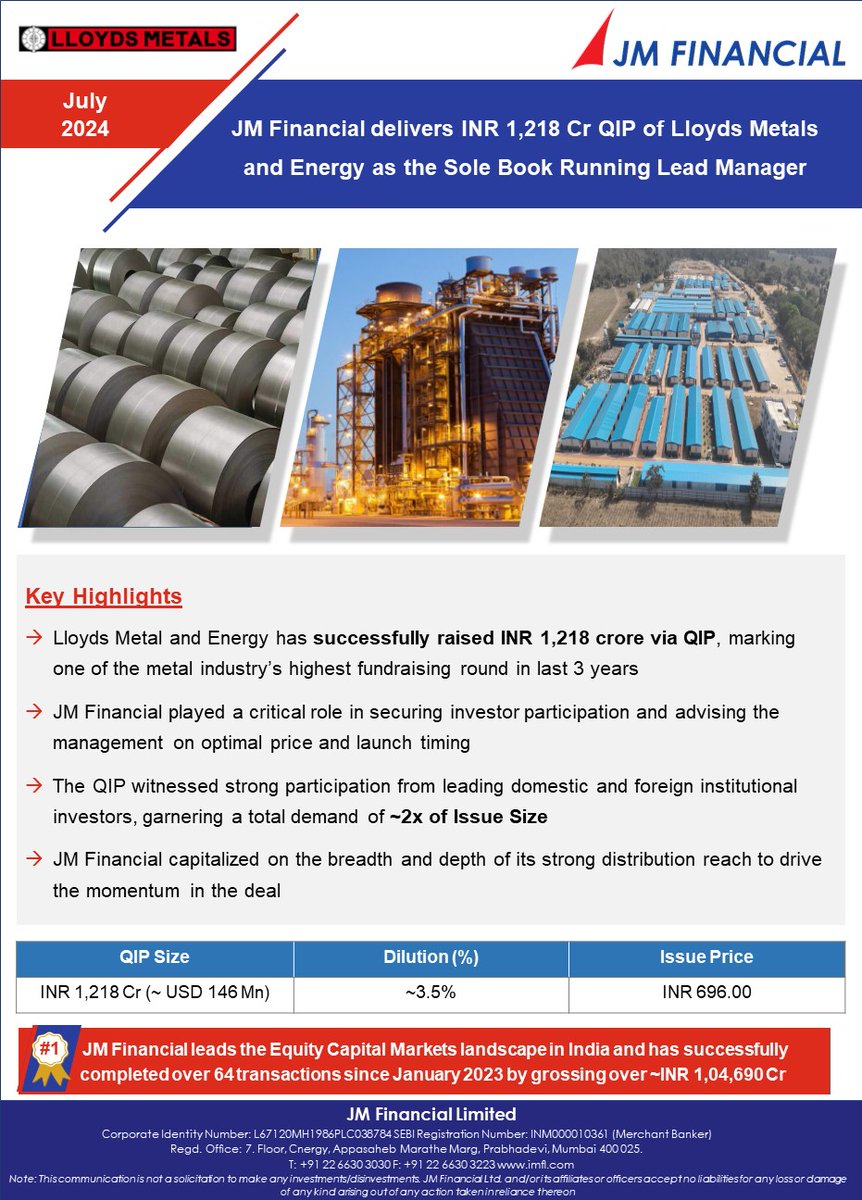 JMFL_group's tweet photo. JM Financial delivers INR 1,218 Cr QIP of Lloyds Metals & Energy Ltd as the Sole Book Running Lead Manager.
The QIP marks metal industry’s one of the highest fundraising round in last 3 years.
#JMFinancial #InvestmentBanking #QIP #DealUpdate https://t.co/rG1bOuMY9W