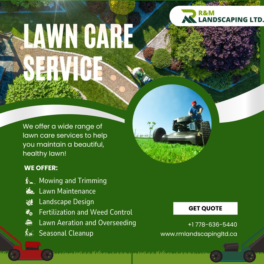 rm__landscaping's tweet photo. Keep Your Lawn Lush and Healthy with Expert Lawn Maintenance 🌿 
#Mowing✂️ #Edging📏 #Trimming🌳 #Fertilization🌾 #Aeration🌱 #Overseeding:🌿 #PestControl #SeasonalCleanup 
📞 Contact Us:  Phone: +1 778-636-5440 
Website: https://t.co/LLT1UPNA3G
 Email: info@rmlandscapingltd.ca https://t.co/fc2hUL0OgM