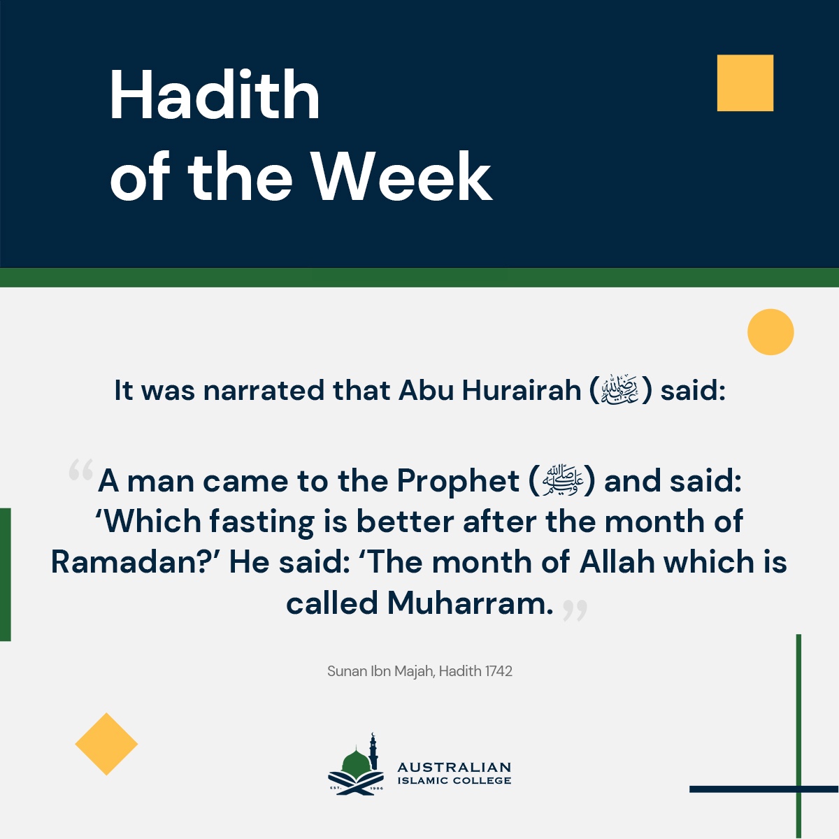 AIslamicCollege's tweet photo. In Hadith 1742 from Sunan Ibn Majah, we learn about the profound impact of kindness and respect in our interactions. This teaching reminds us that true faith is reflected in our treatment of others, and manners are a testament to our beliefs.
#HadithWisdom 
#SunanIbnMajah 
#AIC https://t.co/DofaGrECJI