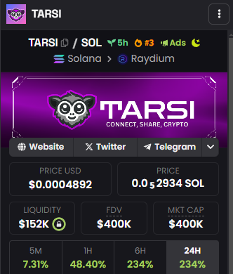 tarsiapp's tweet photo. $TARSI TOP 3 memecoins on dexscreener.

A real memecoin with a real utility. We just launched our Social-Fi Platform (something like instagram, but ON-CHAIN &amp; crypto monetisation) post to earn.

Farm our aidrop, enjoy exclusive rewards on $TARSI &amp; get payed for your content. https://t.co/8kxsbxGbKC