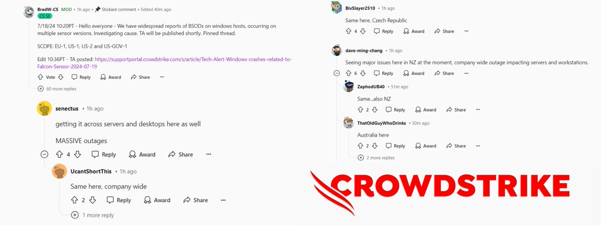🚨CrowdStrike - Massive Outage Globally 🚨

The latest CrowdStrike update is causing a widespread issue resulting in a Blue Screen of Death (BSOD) boot loop globally. 

Many users are experiencing major outages due to this problem
reddit.com/r/crowdstrike/…

#CrowdStrike