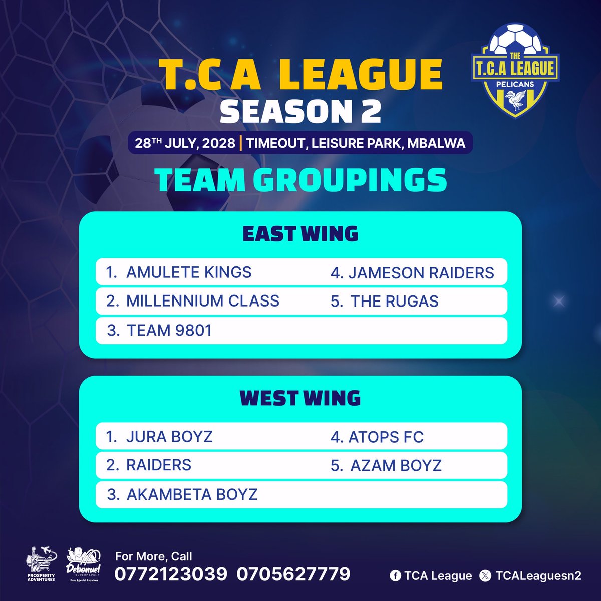 TcapelicansleagueSn3 (@tcaleaguesn2) on Twitter photo The Battle lines have been drawn..No more rumours,
Ladies and gentlemen introducing to Our Groups for the Tca League season 2.
@AsaphAlito <a href="/eeduismail/">Edu Ismail</a> <a href="/TheRaidersFC12/">Raiders FC</a> <a href="/AmusCollege/">AMUS COLLEGE SCHOOL</a> <a href="/AmuleteKingz/">AmuleteKings</a> <a href="/Jura_boys/">Jura boys</a> <a href="/EripuMoses/">Moses Eripu🇺🇬</a> <a href="/liteerrand/">LITERRAND GROUP</a> <a href="/NapoleoneEm/">Napoleone Ehmah</a> <a href="/RodyGavana1/">RODYOLOGY 🦅</a> <a href="/AnitahAmong/">Anita Annet Among</a> The Battle lines have been drawn..No more rumours,
Ladies and gentlemen introducing to Our Groups for the Tca League season 2.
@AsaphAlito <a href="/eeduismail/">Edu Ismail</a> <a href="/TheRaidersFC12/">Raiders FC</a> <a href="/AmusCollege/">AMUS COLLEGE SCHOOL</a> <a href="/AmuleteKingz/">AmuleteKings</a> <a href="/Jura_boys/">Jura boys</a> <a href="/EripuMoses/">Moses Eripu🇺🇬</a> <a href="/liteerrand/">LITERRAND GROUP</a> <a href="/NapoleoneEm/">Napoleone Ehmah</a> <a href="/RodyGavana1/">RODYOLOGY 🦅</a> <a href="/AnitahAmong/">Anita Annet Among</a>