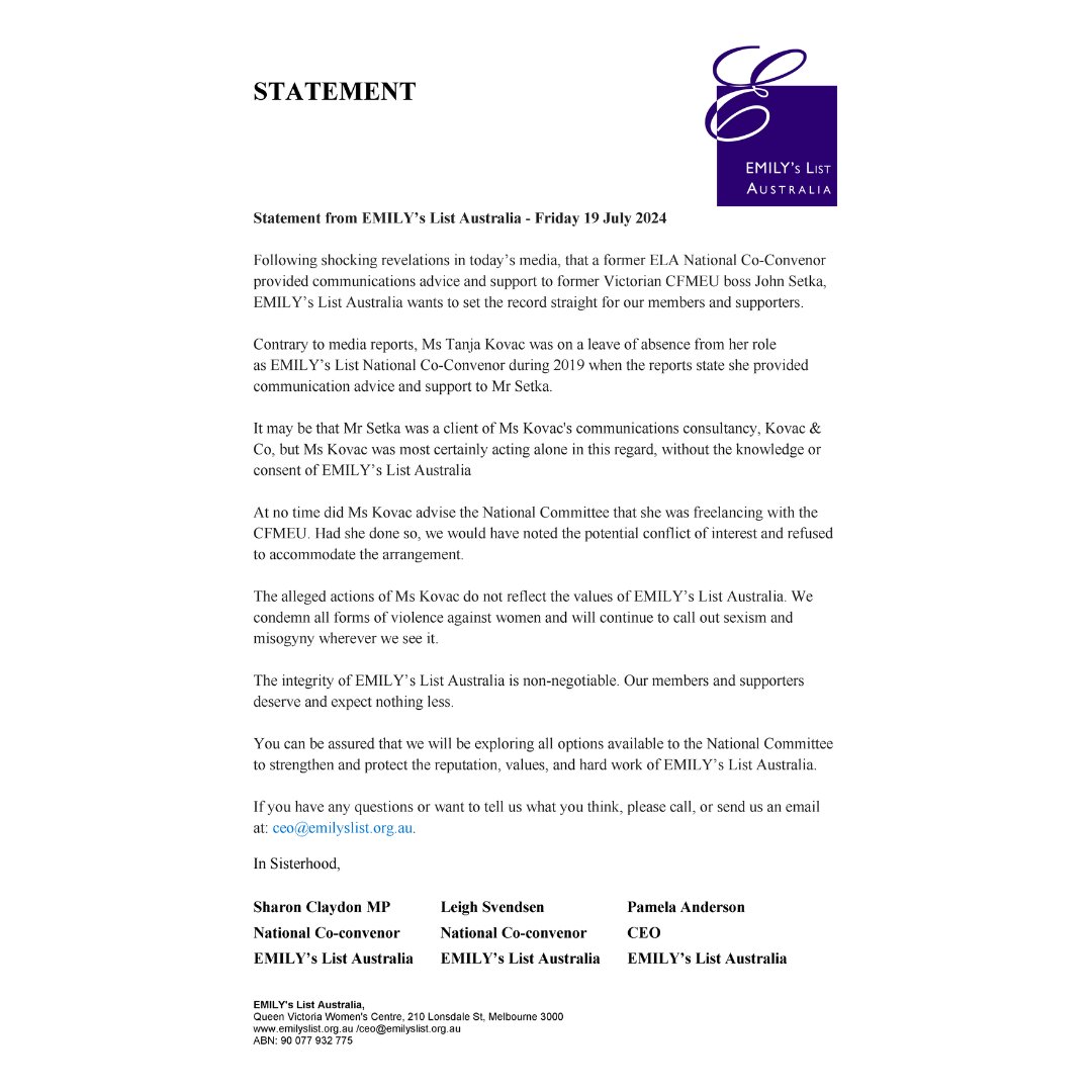 Statement from EMILY's List Australia's National Co-Convenors and CEO.