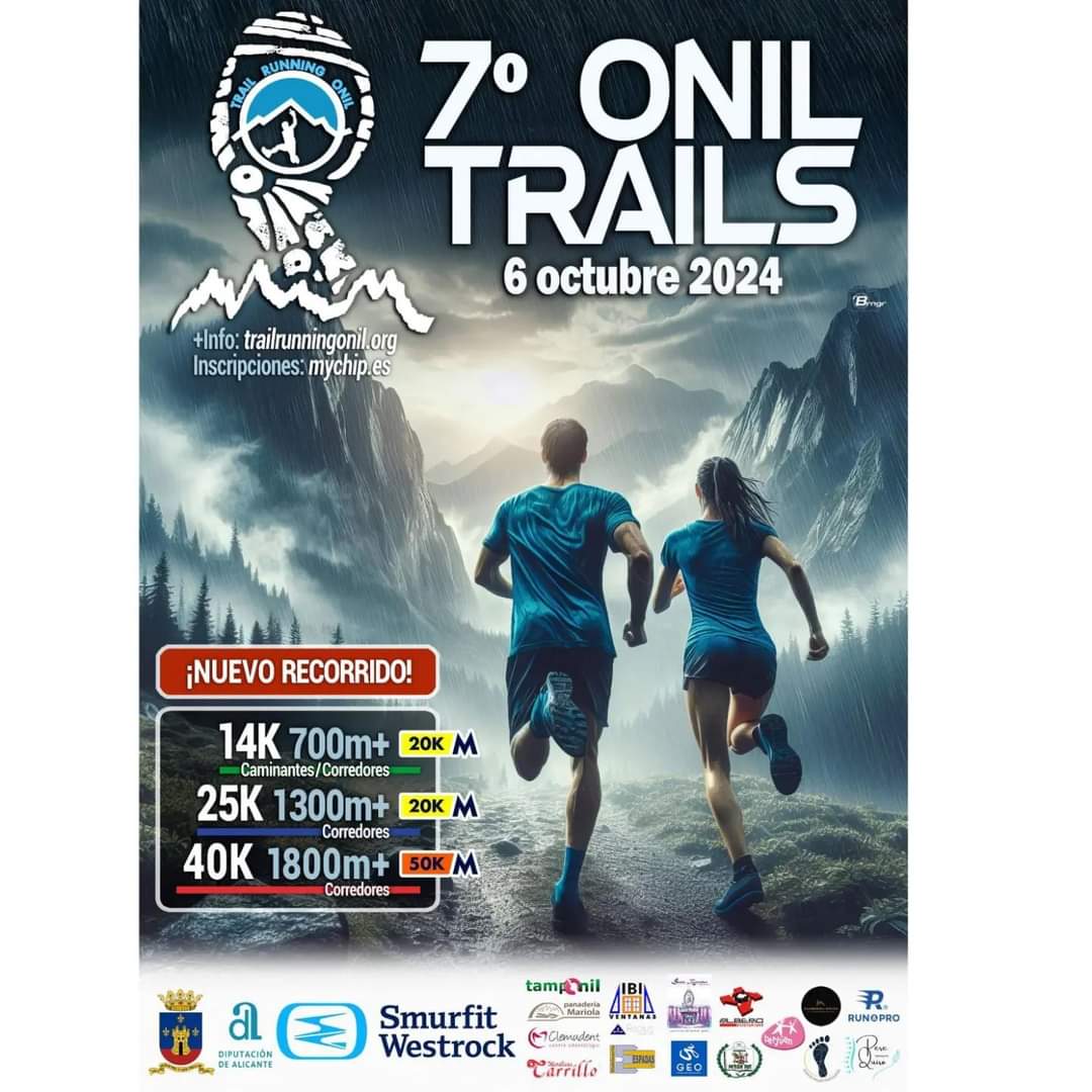 7é Onil Trails, 6 d'octubre de 2024
40K, 25K i 14K (corredors)
14K (senderistes)
- Inscripcions: mychip.es/e/7e-onil-trai…
+ info: trailrunningonil.org 

#TrailRunningOnil #OnilTrails #Onil #Trail #TrailOnil #running <a href="/AytoOnil/">Ayuntamiento de Onil</a> <a href="/dipuAlicante/">Diputación de Alicante</a> <a href="/costablancaorg/">Turismo Costa Blanca</a> <a href="/OnilTurismo/">Onil Turismo</a>