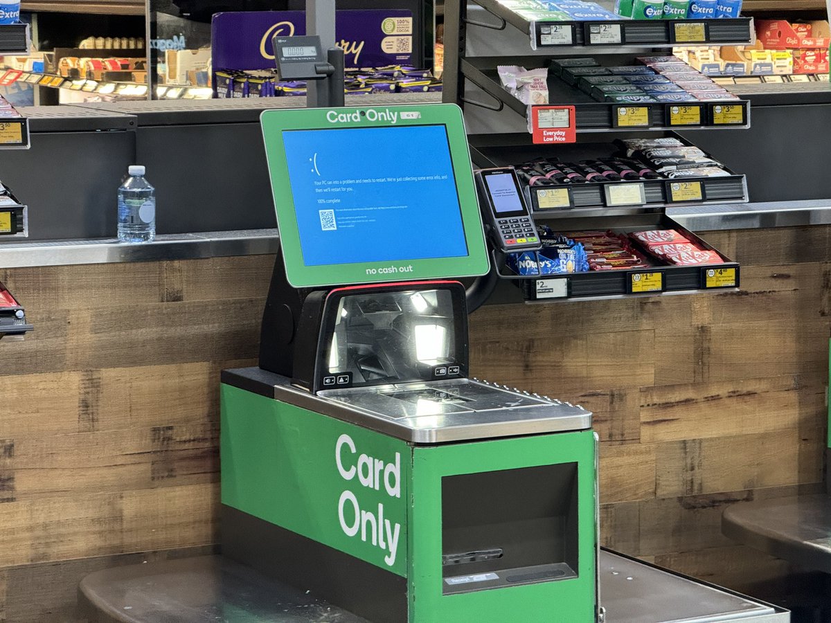 TECH OUTAGE: Self service machines across Woolworths supermarkets are not operational. Blue screen of death. #crowdstrike