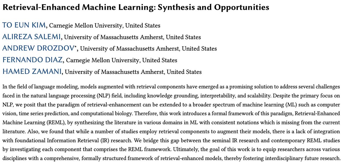 Danny To Eun Kim (@teknology.bsky.social) (@teknologyy) on Twitter photo (1/9) 🧠 Ever wondered if there's a unified framework for RAG? We've formalized the retrieval enhancement paradigm with consistent notations, synthesizing research across all ML domains. 🧵👇
w/ <a href="/SalemiAlireza7/">Alireza Salemi</a> <a href="/mrdrozdov/">Andrew Drozdov</a> <a href="/841io/">Fernando Diaz</a> <a href="/HamedZamani/">Hamed Zamani</a>
arxiv.org/abs/2407.12982 (1/9) 🧠 Ever wondered if there's a unified framework for RAG? We've formalized the retrieval enhancement paradigm with consistent notations, synthesizing research across all ML domains. 🧵👇
w/ <a href="/SalemiAlireza7/">Alireza Salemi</a> <a href="/mrdrozdov/">Andrew Drozdov</a> <a href="/841io/">Fernando Diaz</a> <a href="/HamedZamani/">Hamed Zamani</a>
arxiv.org/abs/2407.12982