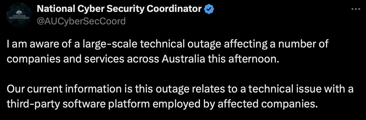 theAmberApp's tweet photo. 🚨Australia struck by major IT outage, hitting banks, media, telecoms 👀 

Can anyone check if that #Bitcoin thing is working fine?🤔
https://t.co/EoaSGavmSK