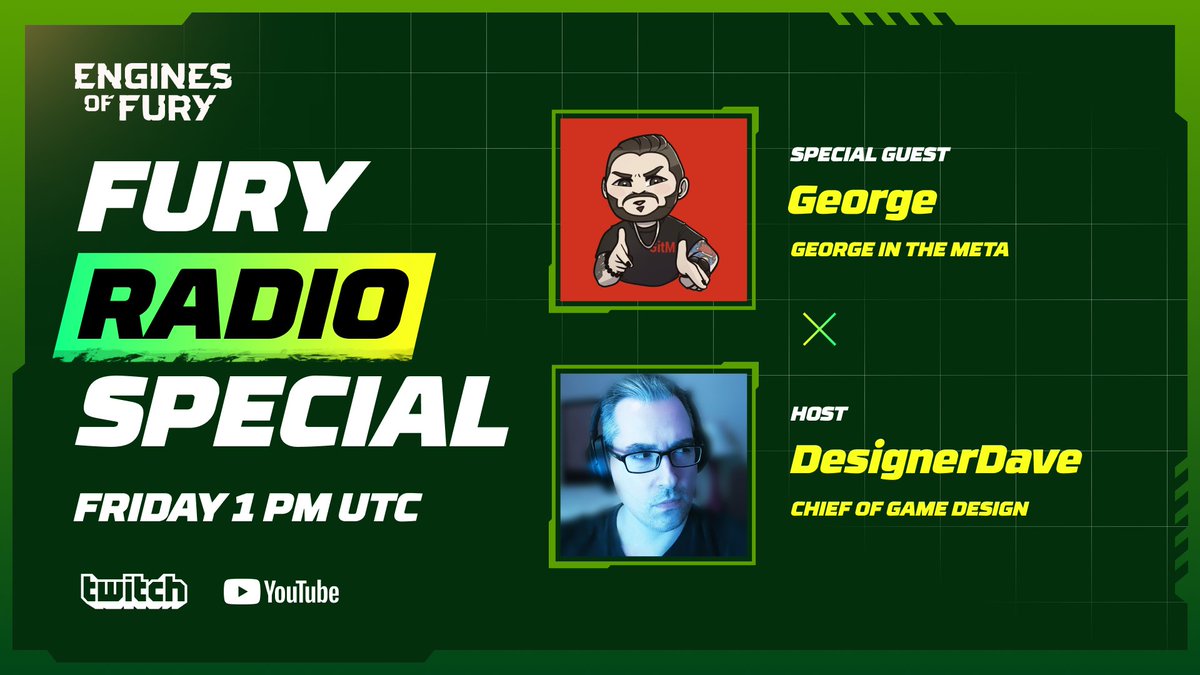 TGIF &amp; it's FURY RADIO SPECIAL @ 1 PM UTC!

Tune in for a special game stream with none other than <a href="/GeorgeInTheMeta/">George 🐢</a> 💪 &amp; hosted by yours truly, <a href="/davidkfried/">DesignerDave</a>.

Fellas, are you ready to show 'em how it's done?