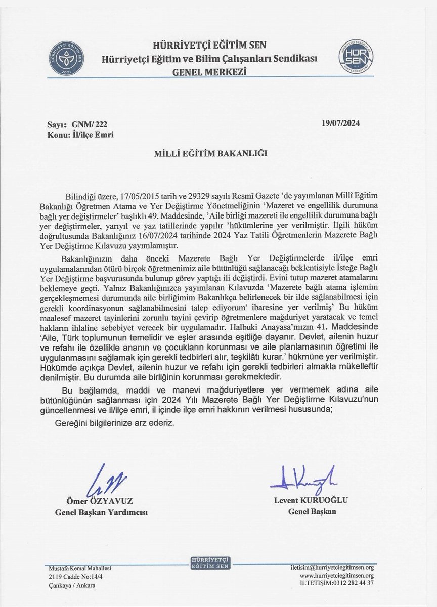 OmerOzyavuz06's tweet photo. Mazarete Bağli Yer Değistirmelerde aile bütünlüğünün sağlanması ve herhangi bir mağduriyet yaşanmaması için Bakanlığa il/ilçe emri uygulamasının yapılmasını talep ettik.
@HurEgitimSen https://t.co/dJPdd2xeat