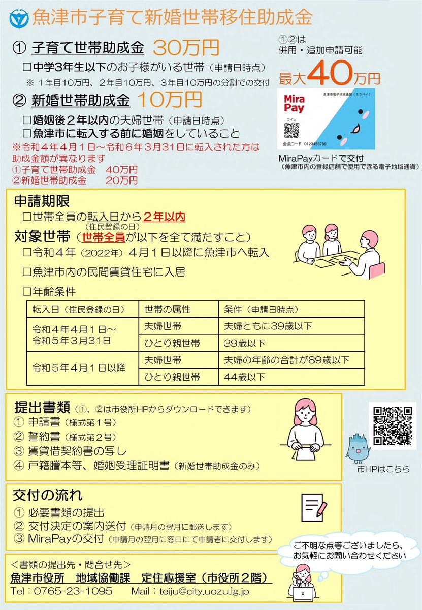 teijuouen's tweet photo. 世帯全員が魚津市に転入された子育て世帯、新婚世帯の方々へ助成金のご案内です！

中学3年生以下のお子様をお持ちの世帯は30万円。

婚姻後2年以内の夫婦世帯には10万円の助成金があります。

申請期限は世帯全員の転入日から2年以内。

詳しくは市HPをご覧下さい！

https://t.co/tbu5IgIG8P https://t.co/bpz13XGGQT