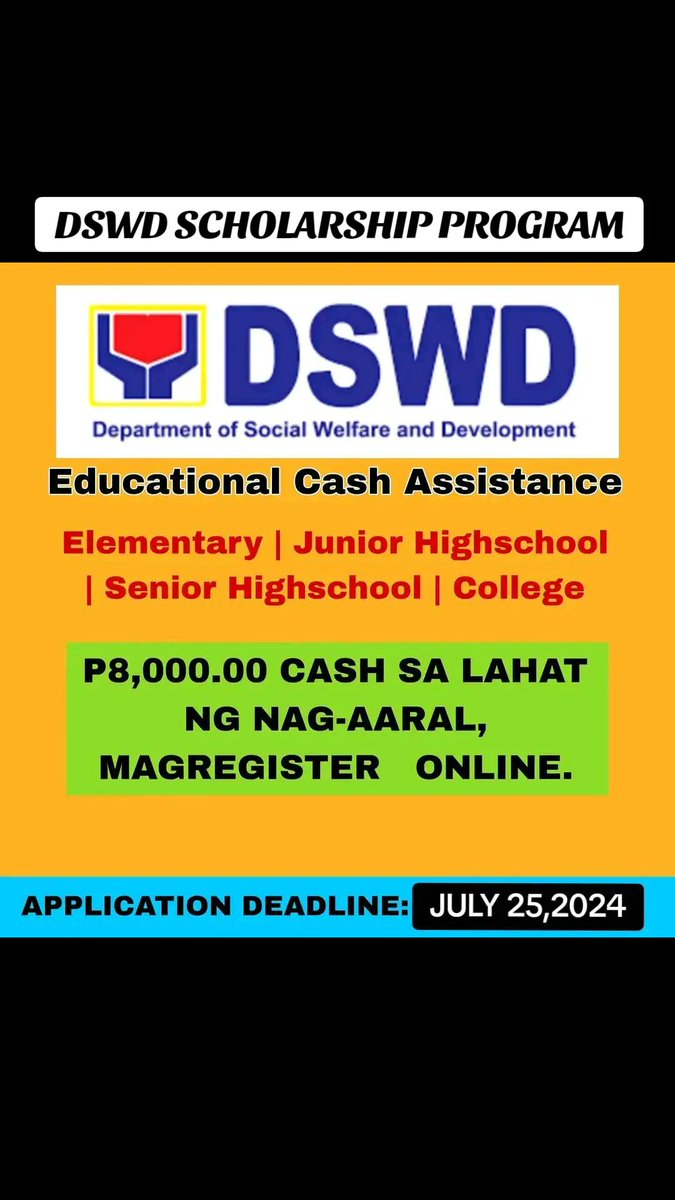 DSWD2024's tweet photo. BIG HELP PARA SA LAHAT 
DSWD EDUCATIONA CASH ASSISTANCE PROGRAM✅follow me para malaman kong pano makapag apply ng scholarship✅✅😱😱 https://t.co/SEPMaaFnTX