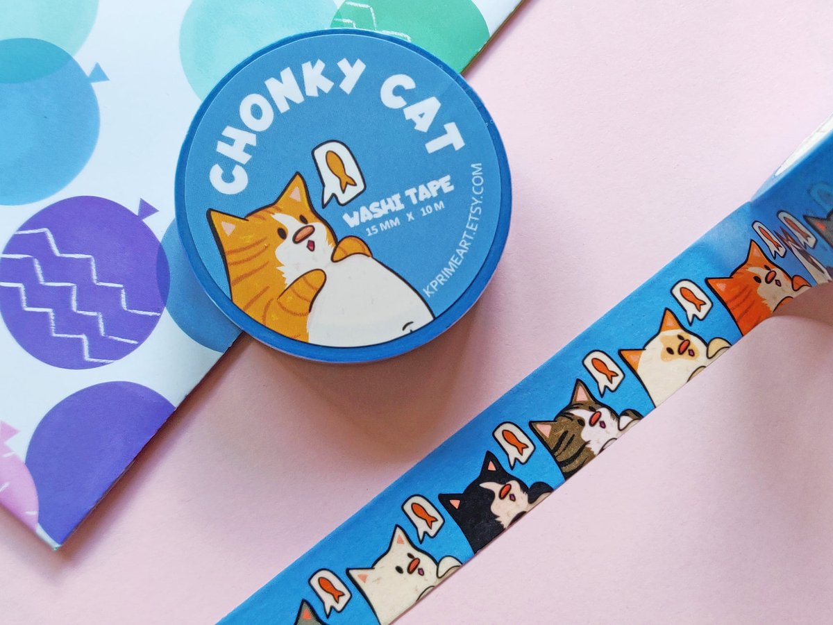 KPrimeArt's tweet photo. A super cute #washi tape featuring our pawsitively adorable Chonky #Cats. 🐱 Purrrfect for adding cuteness to #scrapbooks and journals. It's a lovely touch for wrapping gifts or orders! 🎁 Washi tape is biodegradable and eco friendly 🌎 so is a great alternative to normal tape. https://t.co/TCjee4lYO7