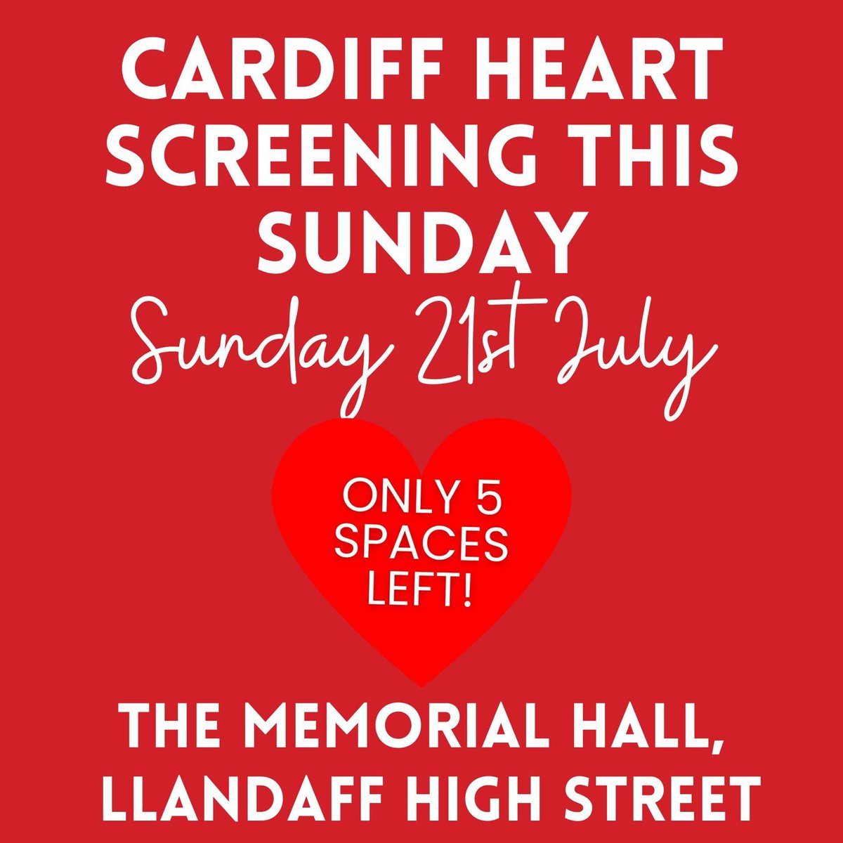 ONLY 5 SPACES LEFT FOR THIS SUNDAY'S SCREENING! 🚨 Don't wait - book your fully comprehensive screening, including an ECG, Echocardiogram and consultation. Book now buff.ly/3W6Xydb