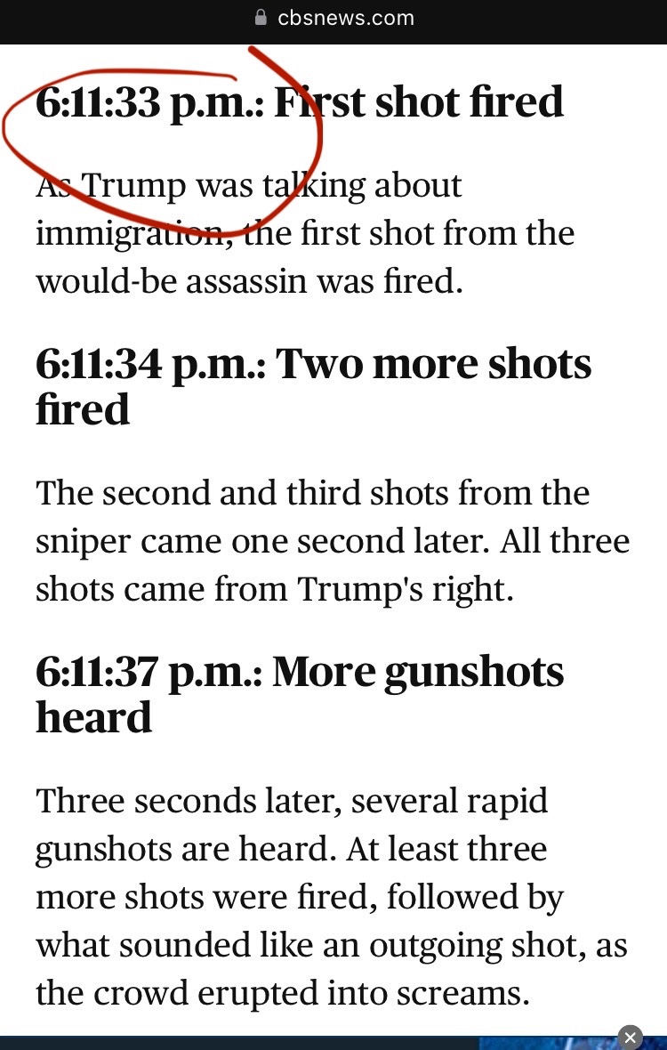 mirrortestedbot's tweet photo. The first supposed shot fired at Trump was at exactly 6:11:33 according to the major news timelines

Always same numbers during these major paradigm shifting historical events 

#11talk #33talk #611talk https://t.co/0KZBZcr31D