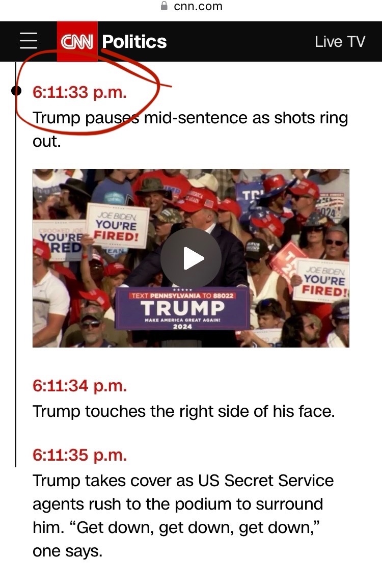 mirrortestedbot's tweet photo. The first supposed shot fired at Trump was at exactly 6:11:33 according to the major news timelines

Always same numbers during these major paradigm shifting historical events 

#11talk #33talk #611talk https://t.co/0KZBZcr31D