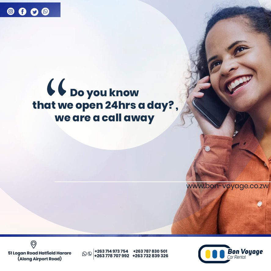 We open 24hrs a day, we are just a call away from assisting you with your needs.
#hireacarzimbabwe #carrentalservice #carhireservices #bonvoyagecarrental
bon-voyage.co.zw