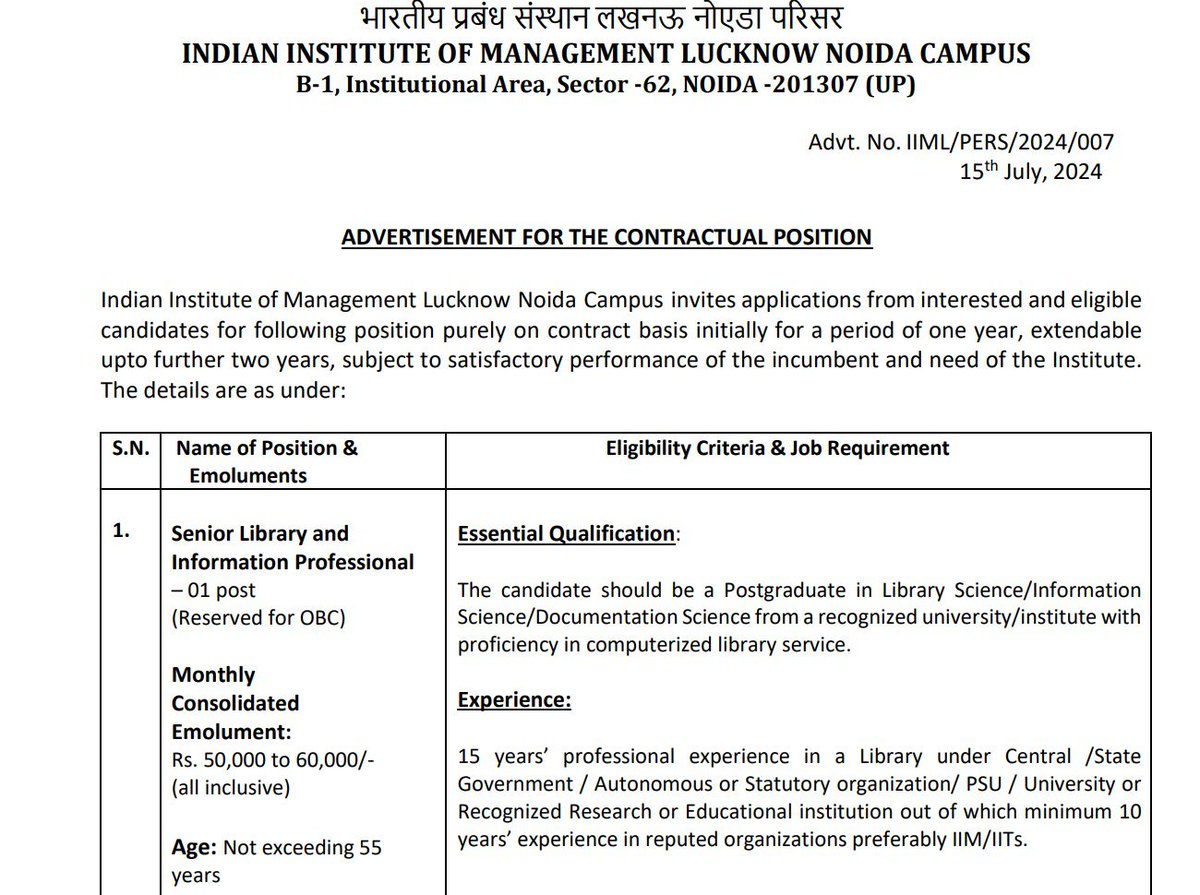 atulsahu1's tweet photo. @
How can young professionals apply for Sr Lib Prof at IIML when the requirement is 15 years of experience? Even AL (Level 10) per UGC norms only needs a Master's &amp; NET. Why such arbitrary eligibility criteria? Pls review the eligibility criteria
@narendramodi @dpradhanbjp @IIML https://t.co/sztmNxwFA2