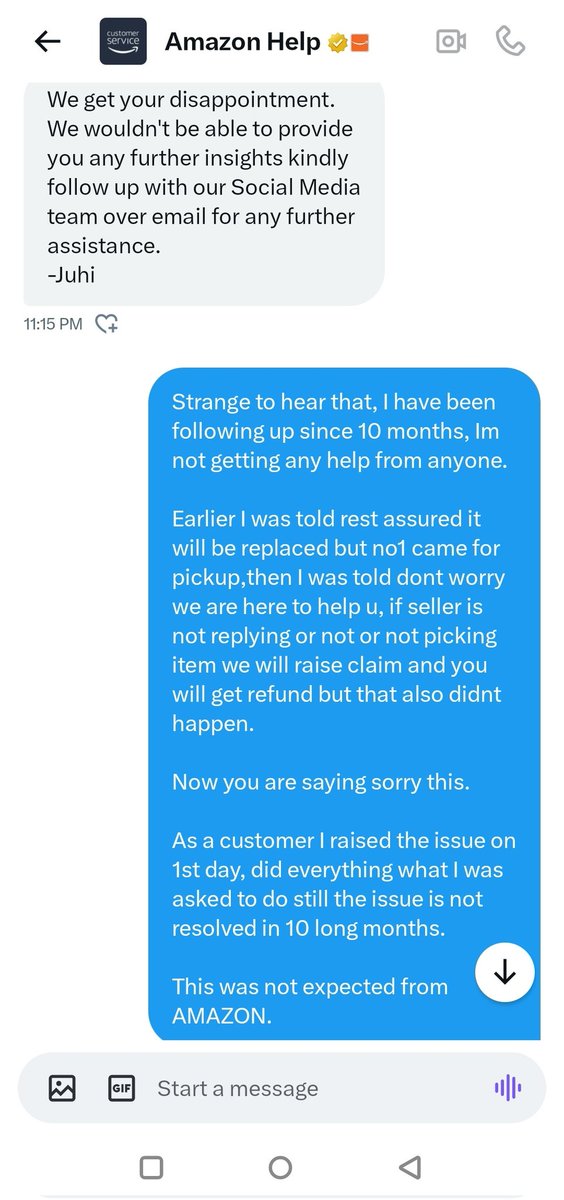 Borntotravel23's tweet photo. What a svc by @amazonIN 
Its been 11 months and the issue is still not resolved and now they have stopped replying 😥😓. What to do? @jagograhakjago
#shame @amazon
@amazon https://t.co/LdIfEnqTsu