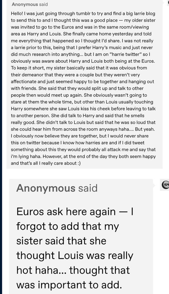 If1DCouldFlyy's tweet photo. "louis usually touching harry somewhere" "she saw louis kiss his cheek" IM HAVING A BREAKDOWN THEY'RE SOOOOO😭 https://t.co/rCfNVIxZfG