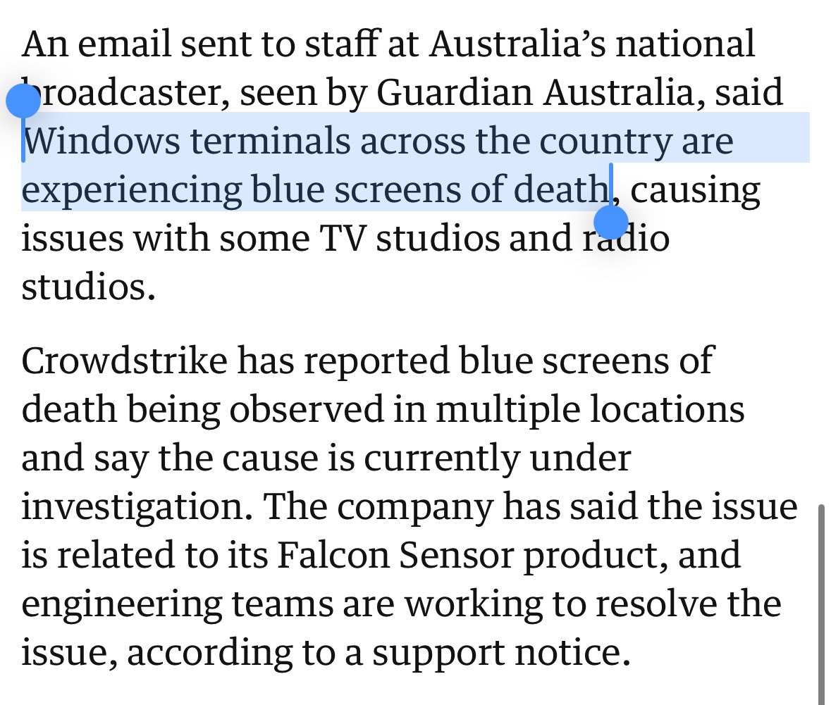 GergelyOrosz's tweet image. Oh wow - sounds like there are global outages across airlines globally (from LAX to BER), TV &amp;amp; radio stations from the UK to Australia and supermarkets in Australia thanks to the “Windows blue screen of death” for companies running Crowdstrike?

This kind of impact is wild.