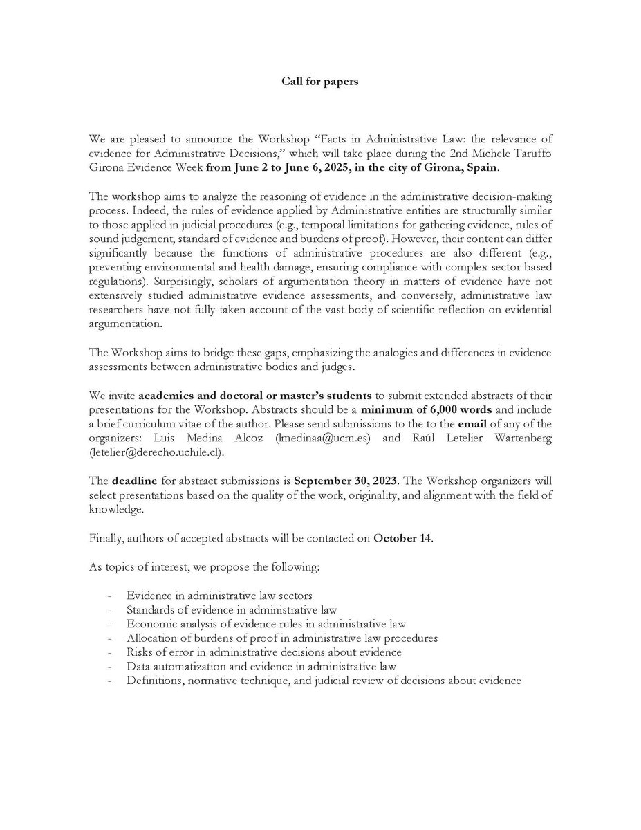 CALL FOR PAPERS
Workshop sobre "Los hechos en el Derecho administrativo: las valoraciones probatorias de las decisiones administrativas".
En el marco de la 2nd Michele Taruffo Girona Evidence Week, organizada por la <a href="/CCJ_UdG/">Càtedra de Cultura Jurídica</a>.
Girona, 2-6  de junio de 2025.