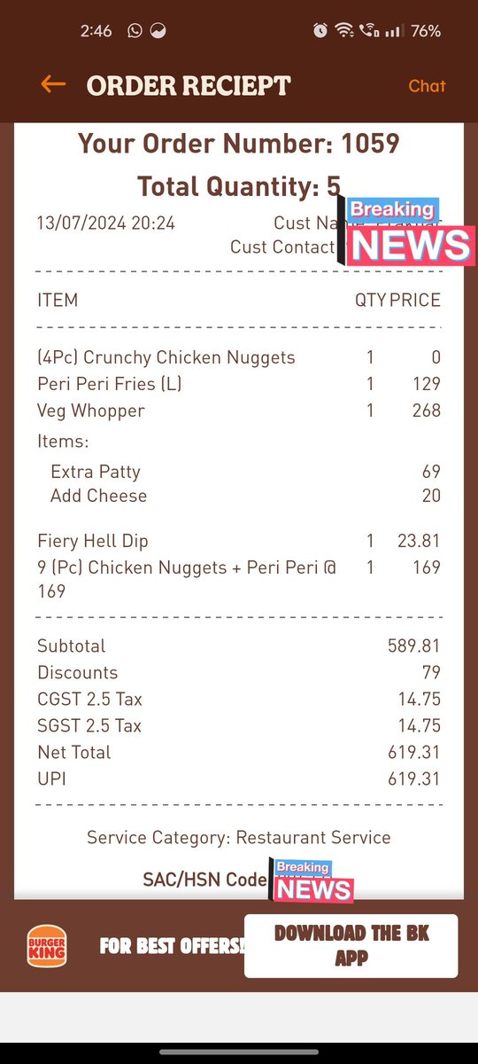 mrphantomYT's tweet photo. @BurgerKing @burgerkingindia I have received 2 bills of the same takeaway order 1 is through application and 1 is physical from store. But the amount is different in both bills how is this possible? 
Is this some kind of glitch because I ended up paying more. 
#burgerking #Trump https://t.co/2WQyI60Qeo