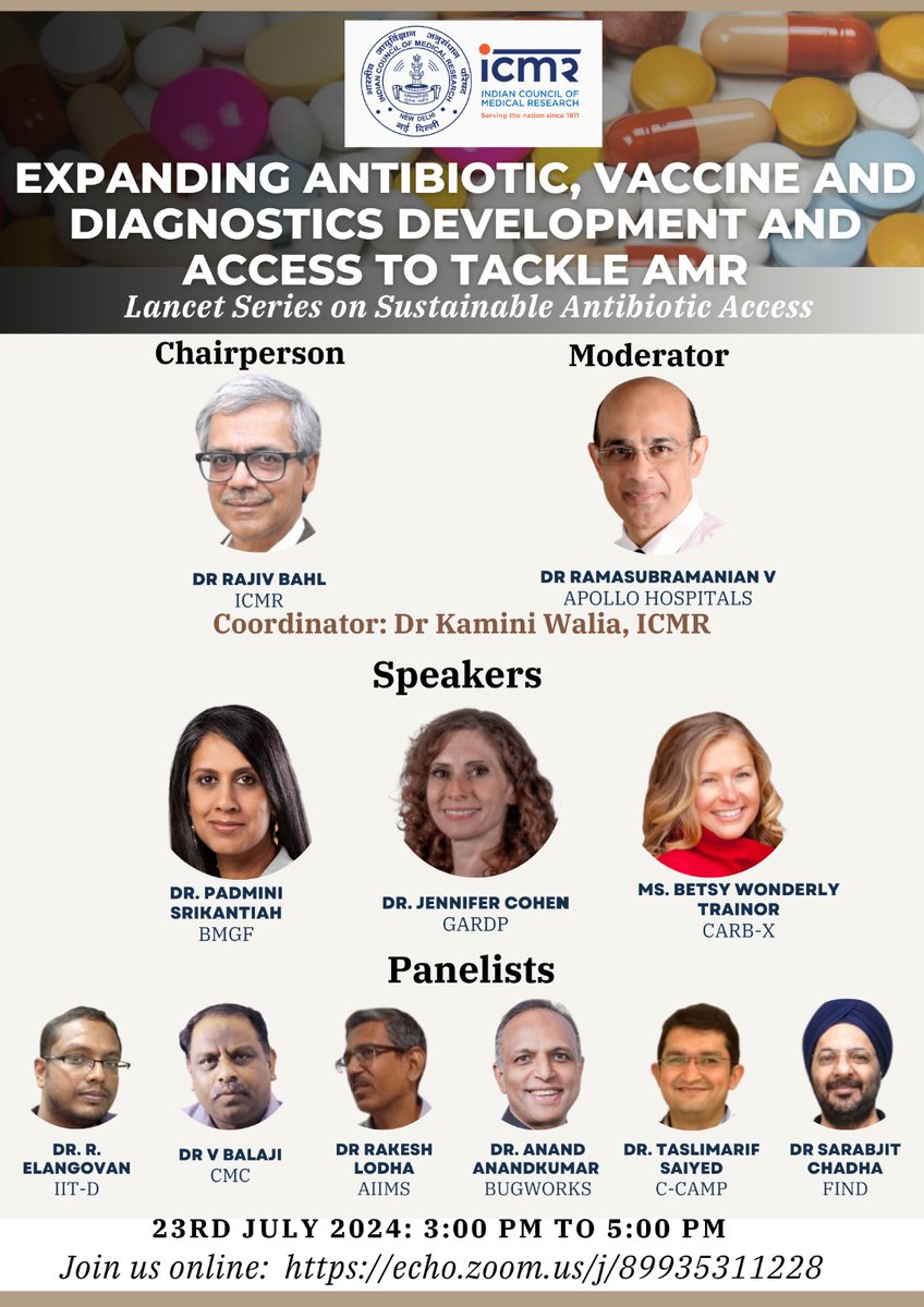 KaminiWalia's tweet photo. Join ICMR 's 2nd  Lancet series webinar  on Expanding Antibiotic, Vaccine, and Diagnostics Development and Access to Tackle AMR
📅 Date: 23rd July 2024 (Tuesday) 
⏰ Time: 3:00 - 5:00 PM IST 
🔗 Link: https://t.co/veWIrEvnw8
#AMR @ICMR @TheLancet @OneHealthTrust @FINDdx https://t.co/AVjDXUYMzl