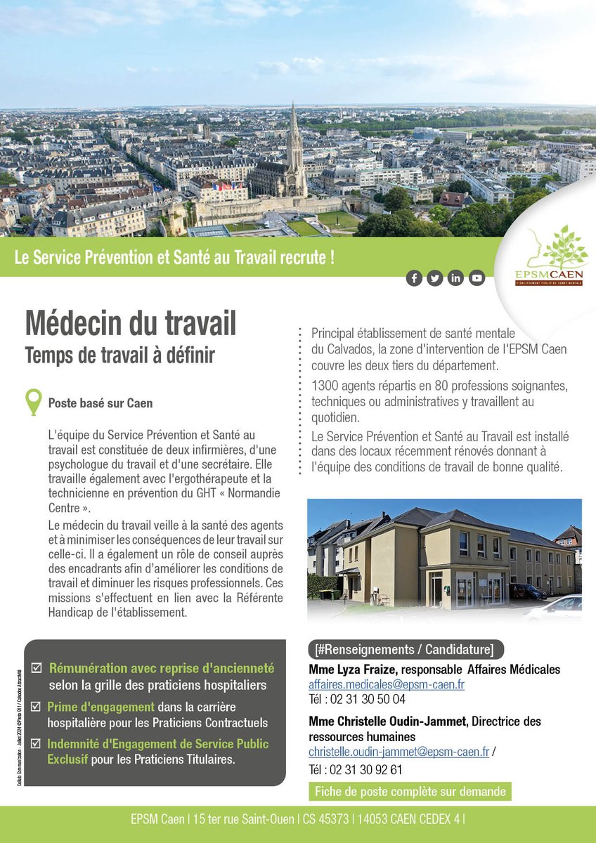 Epsmcaen's tweet image. Vous êtes #Médecin du #travail et êtes à la recherche d&apos;une nouvelle expérience professionnelle ?

Rejoignez le Service Prévention et Santé au travail de l&apos;EPSM et veillez à la santé de ses 1300 agents. 

epsm-caen.nous-recrutons.fr/poste/09uq4kc3…

#emploi #recrutement #calvados #caen #Normandie