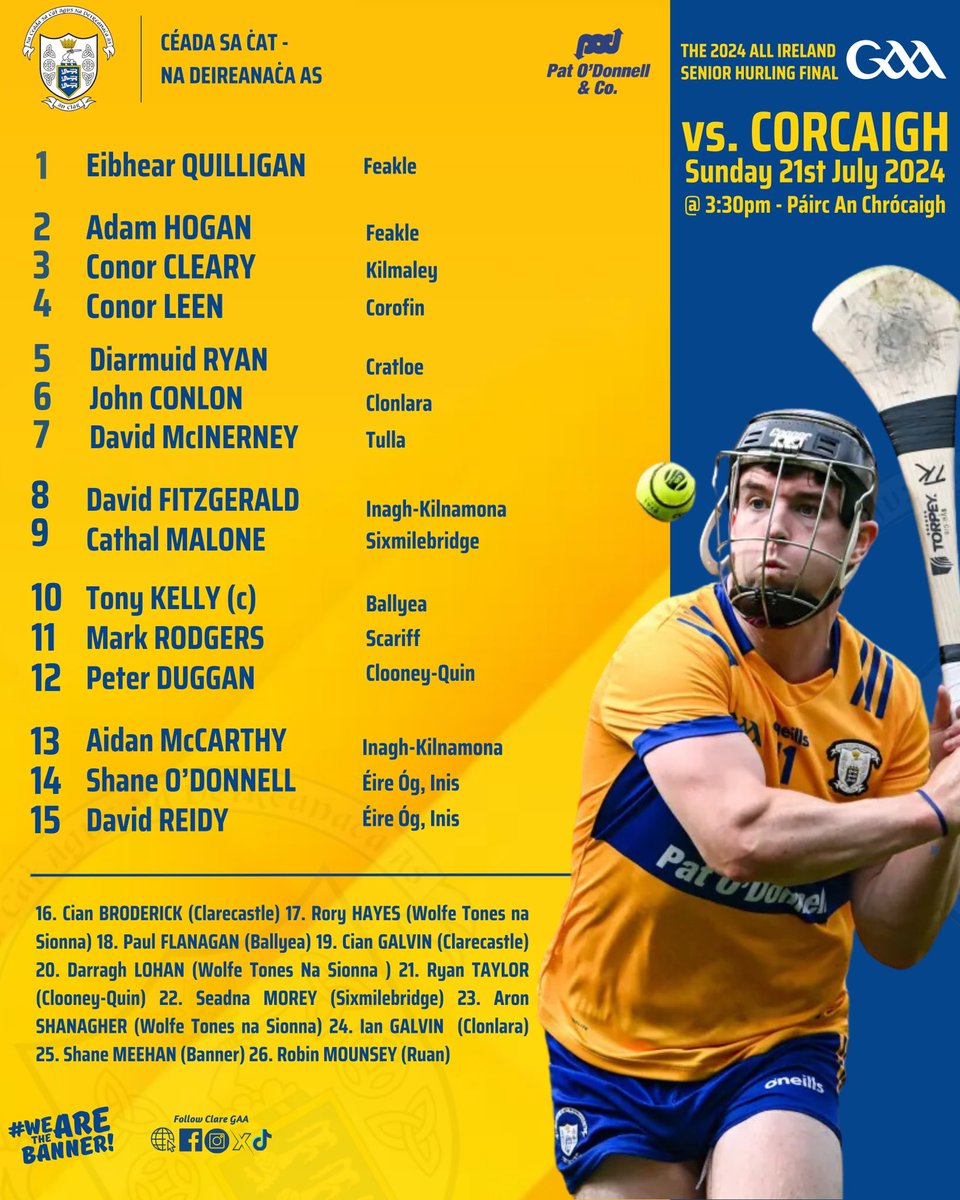 Clare’s starting fifteen and bench for this Sunday’s 2024 All Ireland SHC Final - 
Up the Banner 🟡🔵🟡💪