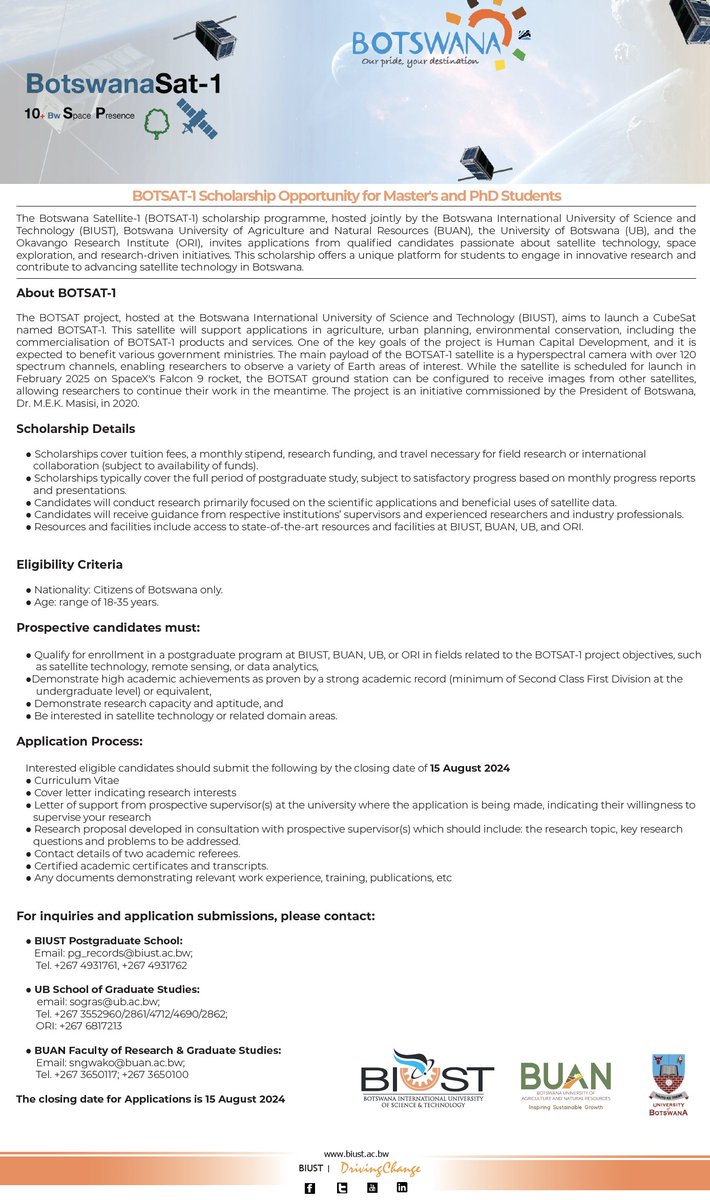 biustbw's tweet image. The Botswana Satellite-1 (BOTSAT-1) Scholarship Programme is now open for applications!  Hosted by BIUST, BUAN, UB, and ORI. #BOTSAT1#SpaceExploration #SatelliteTechnology#BotswanaScience #BIUST #BUAN #UB #ORI #ScholarshipOpportunity
