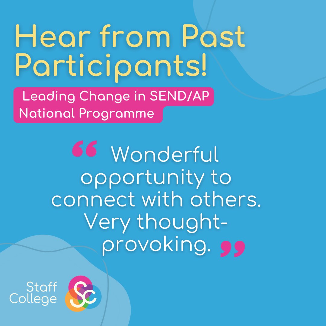 Hear from Past Participants! 

"Wonderful opportunity to connect with others. Very thought-provoking." 

Join a community of inspiring leaders. Apply for the Leading Change in SEND/AP National Programme by the extended deadline of July 26th.

thestaffcollege.uk/programmes/lea…