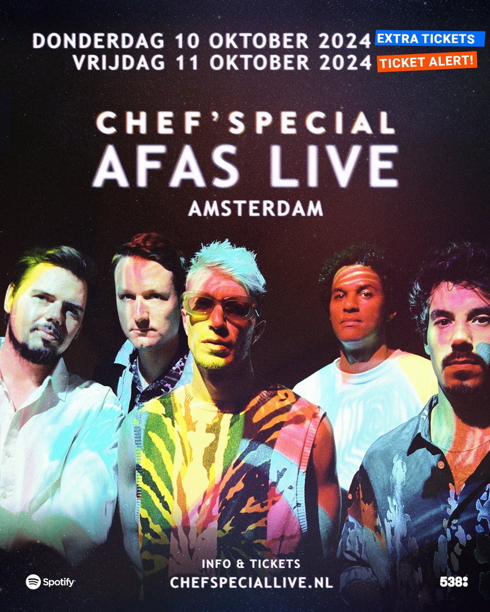 TICKET ALERT 🚨

Onze show op vrijdag 11 oktober is BIJNA uitverkocht! Mocht je nou niet kunnen die dag? Omdat we onze show op 10 oktober productioneel iets anders zijn gaan inrichten, zijn er een gering aantal tickets vrijgekomen! Tickets zijn te koop via chefspeciallive.nl