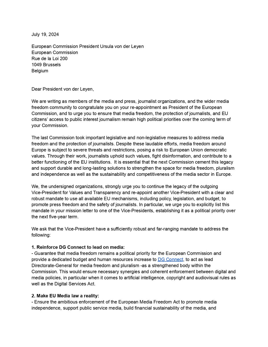 efjeurope's tweet photo. Following @vonderleyen's re-election as Commission President, we sent a letter to express our demands regarding press freedom &amp; journalists' safety.

Among them:
- Reinforce DG Connect to lead on media
- Make EU Media law a reality
- Advance the safety of journalists

Read more✍️ https://t.co/GXZzX5brEx