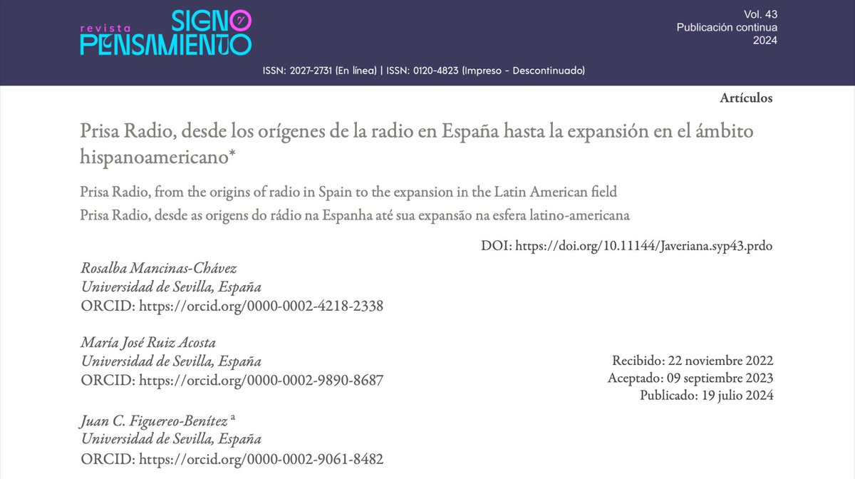 compoderus's tweet photo. Artículo | 📑 @rosalbamancinas y @figuereoUS, junto con M.J. Ruiz-Acosta, publican '@PRISA Radio, desde los orígenes de la #radio en España hasta la expansión en el ámbito hispanoamericano' en la revista @SignoyP 
💻 https://t.co/8nwTB5STti https://t.co/SHzktL66dk