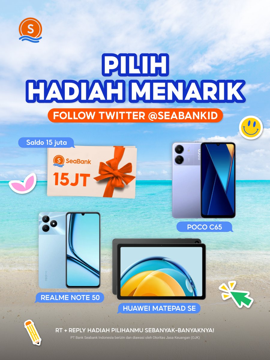 SeaBankID's tweet photo. 🤩 HADIAH MENARIK MINGGU INI! 🤩

Mau jadi yang beruntung? 🙋 Langsung aja RT + REPLY HADIAH PILIHANMU SEBANYAK-BANYAKNYA 🎁✨ https://t.co/0muaGcETUi