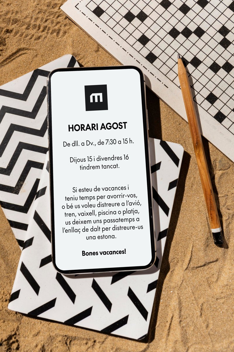 ☀️TENIM OBERT A L'AGOST☀️

- De dilluns a divendres, de 7:30 a 15 h. 
- 15 i 16, tancat.

🧩Descarrega't aquí uns passatemps: bit.ly/3RwceRu

Bones vacances! 🏝️