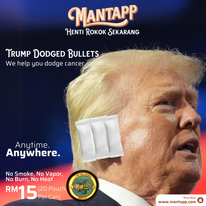 MantappMy's tweet photo. Dodge Cancer like how Trump dodged bullets. 

Sedia untuk Henti Merokok? Pouch Mantapp boleh bantu!

Tiada Bau, Tiada Asap, Tiada Bakar.

RM15 For One Week Supply. The perfect aid in your journey to Henti Merokok.

By Malaysians for Malaysians. Free Shipping!