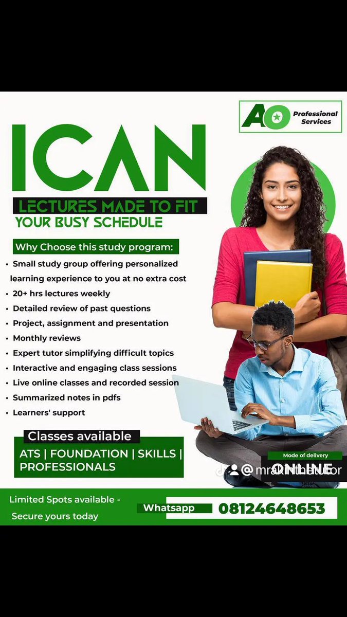 AObilana's tweet image. Dear Busy Professionals,
I can help you prepare adequately for ICAN Nov diet.
While you are trying to meet up with work demands, I will be focused on helping you pass your exams.
See flyers. Send a DM for clarification.
