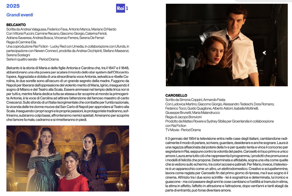 Nella prima parte del 2025 arriveranno su Rai 1 due fiction con Giacomo Giorgio.

Il period drama #Belcanto, con Vittoria Puccini e molti attori di #MareFuori.
Regia di Carmine Elia (#MareFuori #NoiSiamoLeggenda).

#Carosello con Ludovica Martino e Giacomo Giorgio

#PalinsestiRai