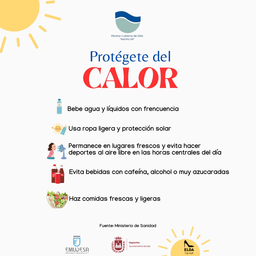 ELDA_PISCINA's tweet image. ☀️Ante la ola de calor, seguid los consejos del Ministerio de Sanidad ⬇️⬇️⬇️

🙏🏼Cuidaros ❤️