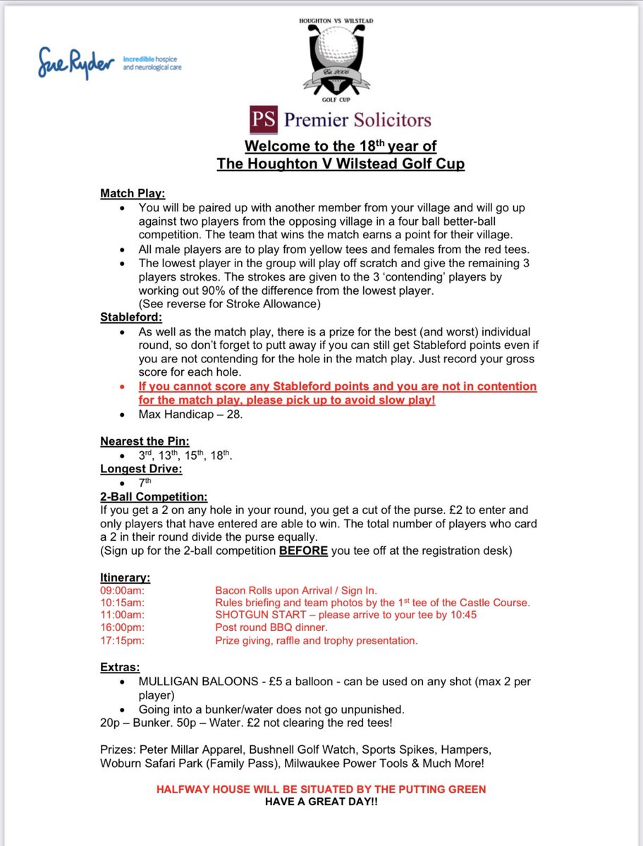 HouWilGC's tweet photo. A week until the 2024 Houghton Wilstead Golf Cup. 

Full details of the day attached but summary below:
9am: Arrival and registration 
10:15: Rules briefing &amp; photos 
11am: SHOTGUN START
16:00: BBQ followed by prizes, raffle, auction. 

Any questions, give us a shout. https://t.co/7czZjY74mN