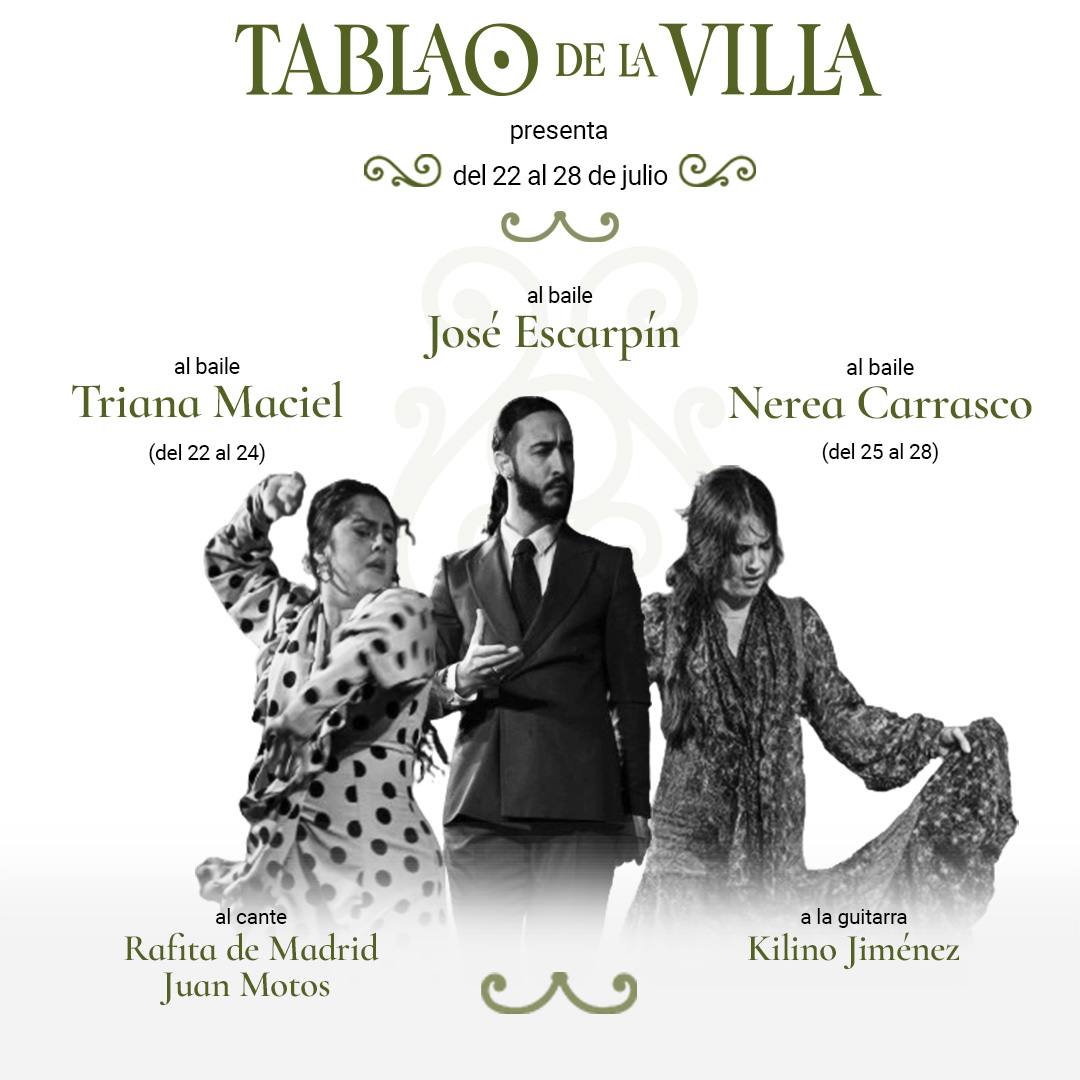 Programación del #TablaodelaVilla en el centro histórico de #Madrid del 22 al 28 de julio.

Reservas:
+34 912 042 428                             
tablaodelavilla.com
