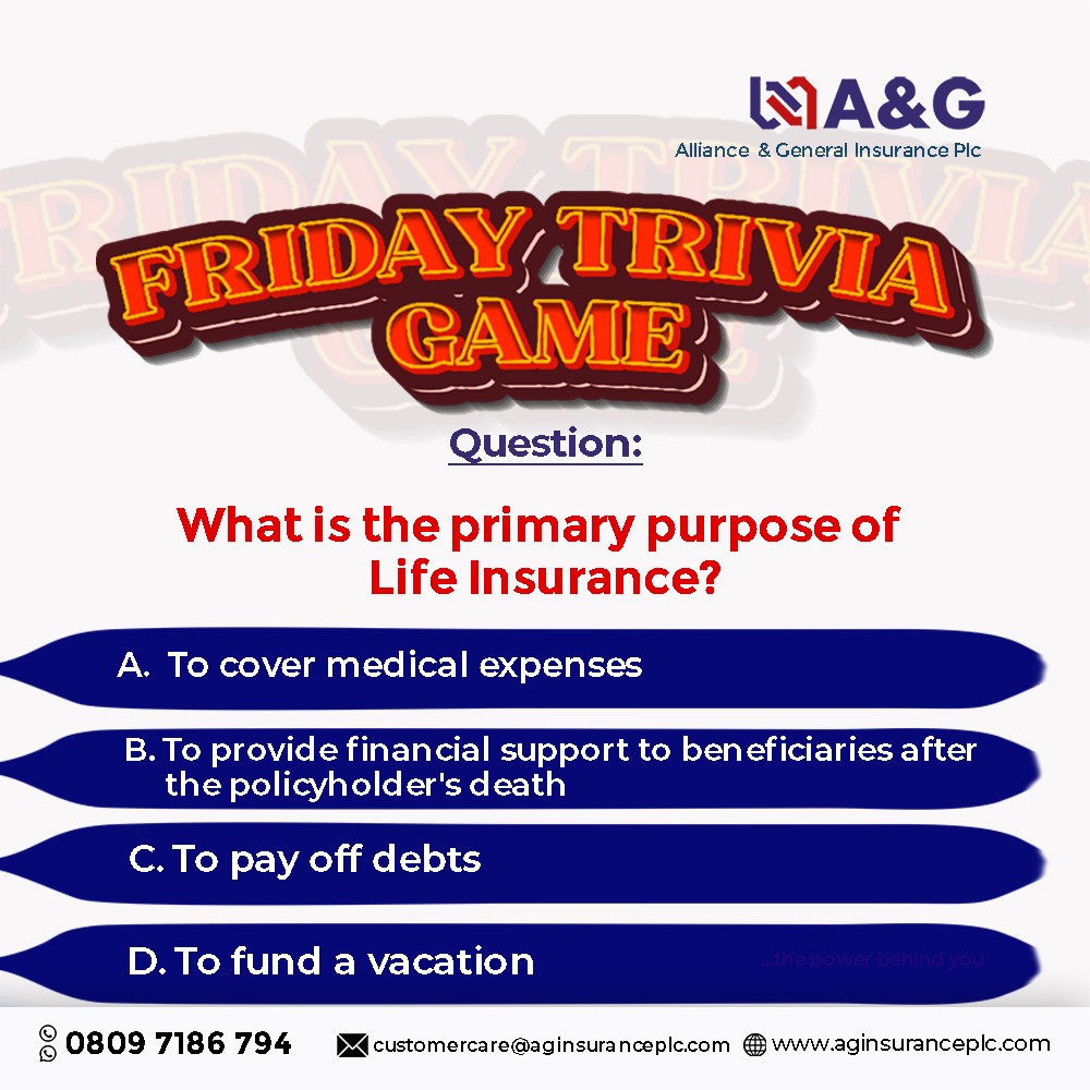 aginsuranceplc's tweet photo. Answer correctly for a chance to win ₦2,000 airtime.

Hint: Check our website- https://t.co/Pc3BoP50bw

To Enter:

1️⃣ Follow @aandg_insurance
2️⃣ Like this post ❤
3️⃣ Comment your answer(s) and tag 3 friends!
4️⃣ Share this post on your story https://t.co/SPH3Q7Em7O